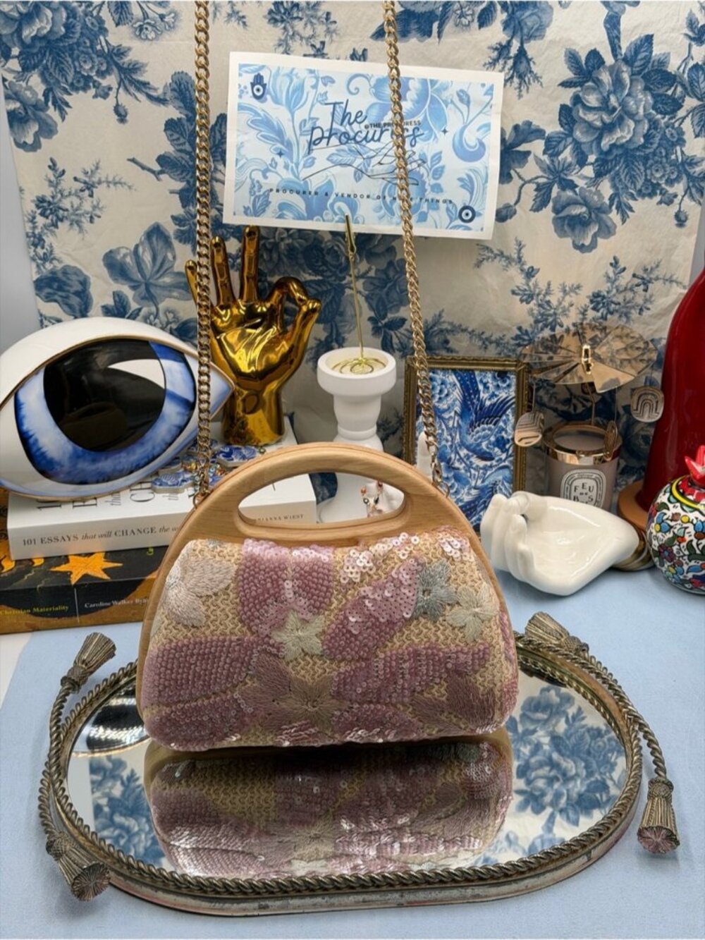 🆕 HAUTE HIPPIE 🧿 NWOT Floral Sequin & Crochet Wooden Clutch w Chain, Pink - Picture 2 of 16